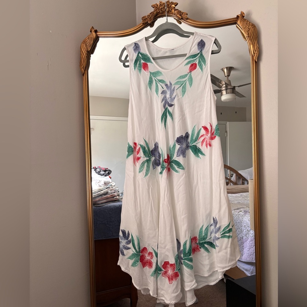 White beach Coverup Dress w/ Floral Accent